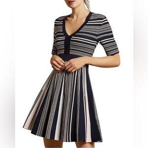 Ted Baker Meemeei V Neck Striped Skater Dress TD Sz 2 US sz 6 Navy White Pink